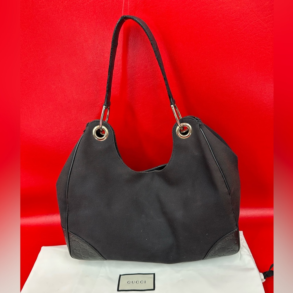 GUCCI Vintage Black Canvas & Leather Hobo Bag 100% Authentic - Picture 6 of 13